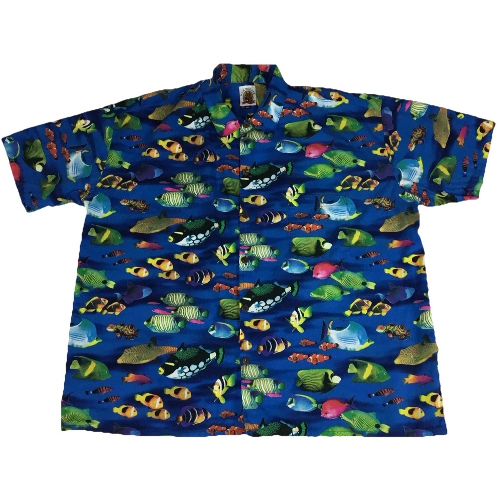 Max Boxxer Mens XXL Blue‎ Tropical Fish Hawaiian Button Up Shirt Made in USA